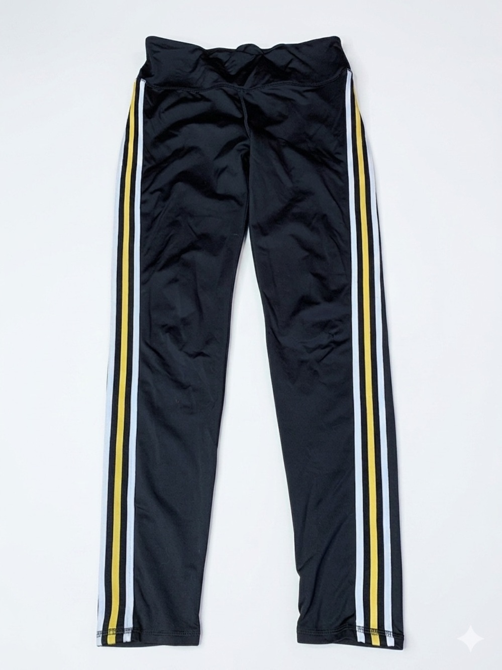 Infinitely Strong Black Athleisure Leggings with Yellow & White Side Stripes L